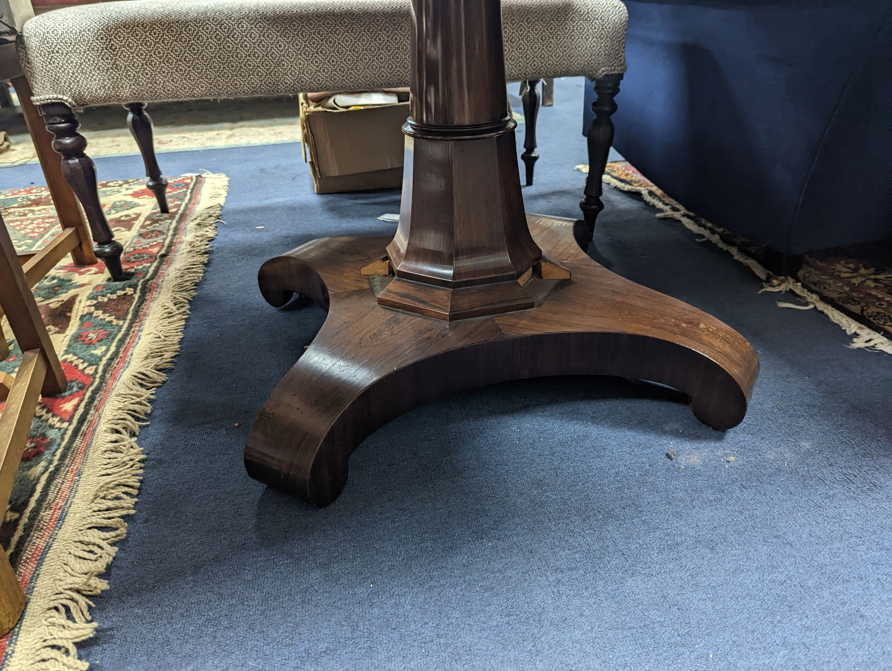 An early Victorian Scottish rosewood rectangular folding tea table, width 106cm, depth 52cm, height 74cm